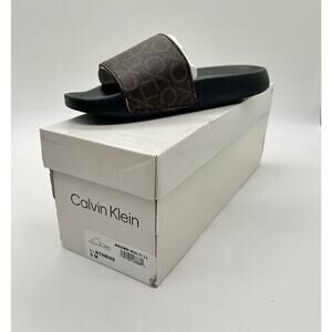 Calvin Klein Slides Womens 5‎ Brown Logo Print Athens Slip On Comfort NEW